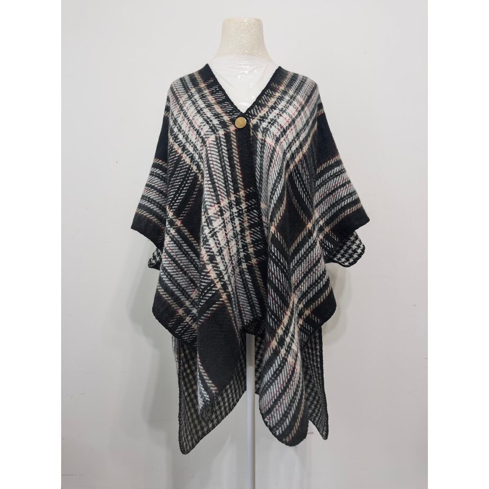 Style & Co reversible plaid poncho wrap in black, white‎ & red tones One size